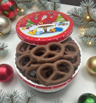 Holiday Tin with Milk Chocolate Covered Pretzels