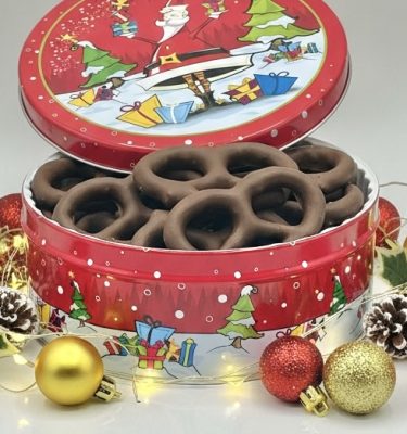 Holiday Tin with Dark Chocolate covered Pretzels